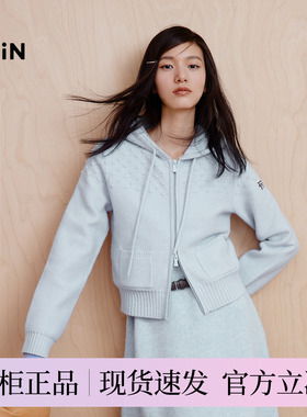 【7-day】乐町北极绒连帽针织开衫冬款立体提花正肩合体蓝色毛衣