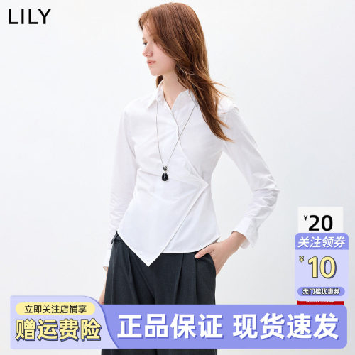 LILY2026秋新款纯棉设计感翻领不对称收腰休闲通勤长袖衬衫女上衣