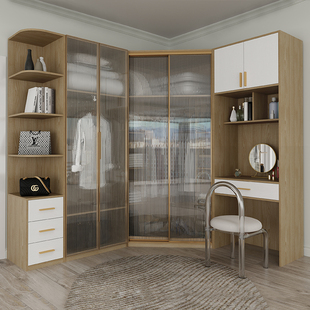 实木拉门衣柜转角90度家用卧室现代玻璃门轻奢组合柜大衣橱移门