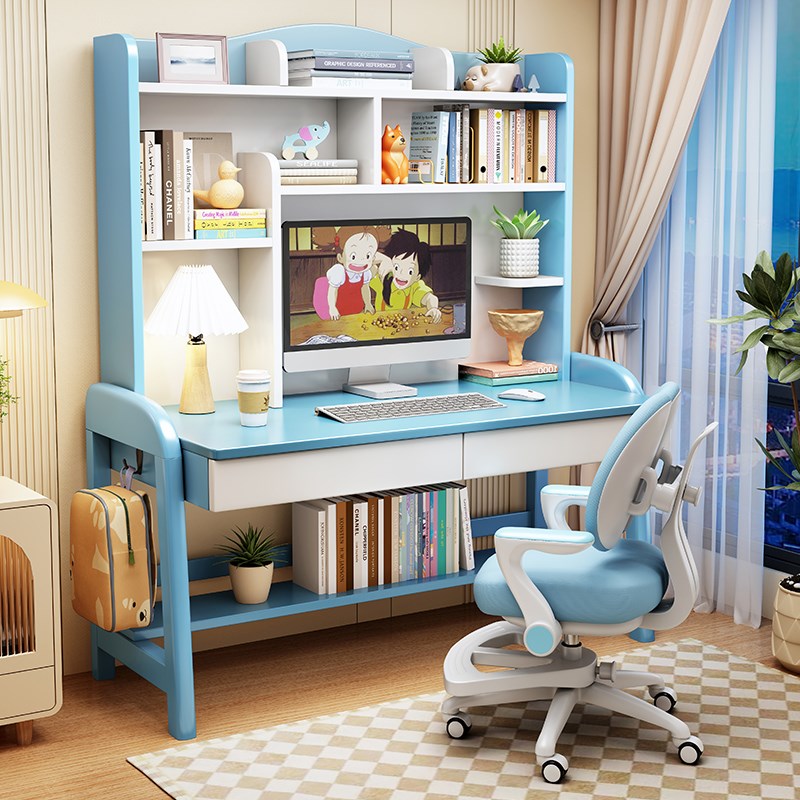 儿童学习桌子中小学生实木书桌带书架小孩子可升降家用课桌椅套装