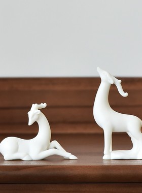 疯猴迷你小鹿陶瓷动物装饰盆景微景观造景茶桌桌面白瓷工艺品摆设