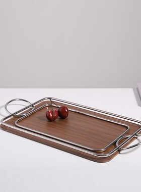 现代简约木质金属几何棕色托盘轻奢样G板间售楼处酒店玄关装饰摆