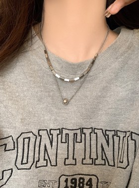 双层钛钢圆珠方块项m链配饰男女不掉色高级感卫衣链简约百搭毛衣