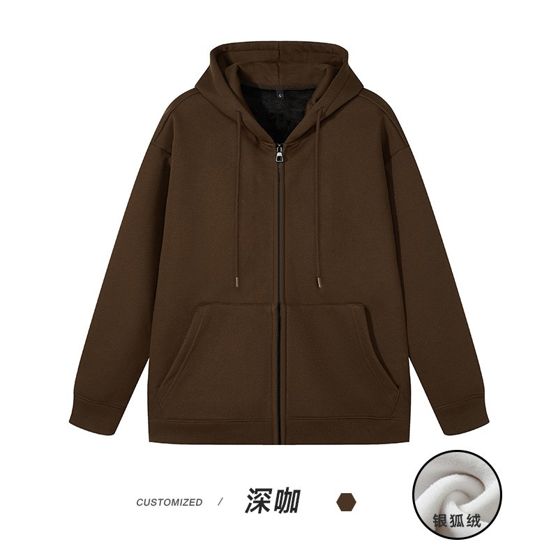 600g银狐f绒秋冬纯色基础连帽开衫外套加绒加厚重磅拉链卫衣男上