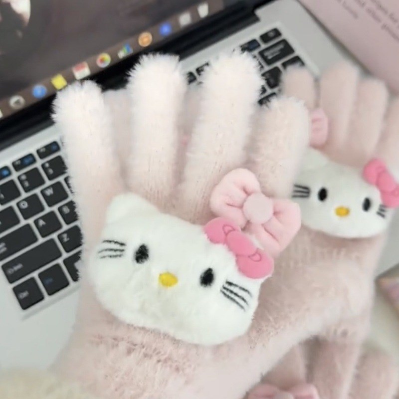 kt猫蝴蝶结手套保暖冬防冻HelloKitty少女防Q寒学生骑行骑车仿兔