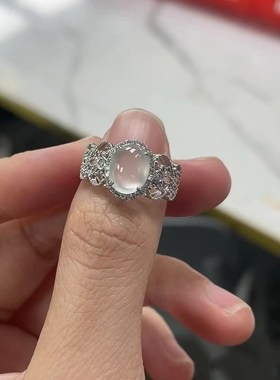 珠宝 e天然水沫玉戒指女925银种玉石8*10鸽子蛋中国时尚款