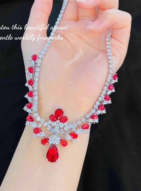 豪华镶钻高端f重工奢华长款套链 欧美鸽血红宝石宴会订婚新娘项链