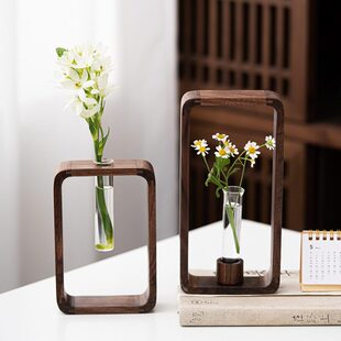欧式花器花瓶玻璃透明水养干花鲜花插轻奢胡桃木花瓶客厅茶室摆件
