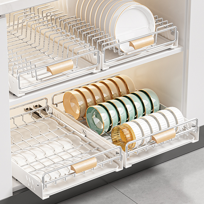 碗碟收纳架碗盘不锈钢厨房u置物架橱柜内置抽屉抽拉式拉篮沥水碗