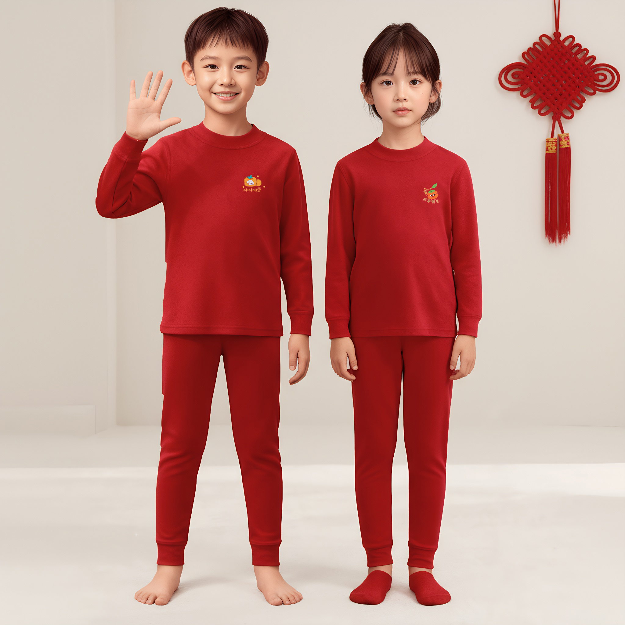 猫人儿童本命年纯棉保暖内衣套装