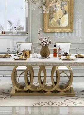轻奢大理石餐桌椅组合长方形饭桌后现代简约岩板桌不锈钢钛金餐桌