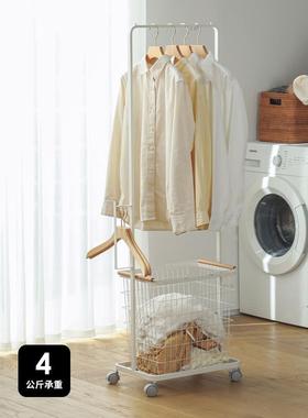 家用晾衣架简易移动挂衣服架子落地晒衣架榉木提手脏衣篮带滑轮
