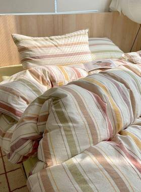 撞色60色织全棉四件套简约纯棉水洗棉学生宿舍条纹床单三件套
