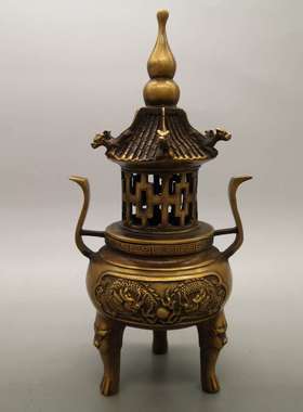 纯铜塔炉仿古炼丹炉双龙戏珠熏香炉象炉家居三体香U薰用品大号黄