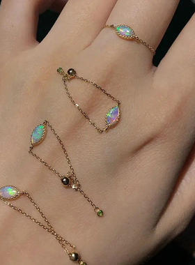 欧泊S925银马k眼随形链条戒可调节镶嵌绿钻绿锆多彩戒指叠戴收缩