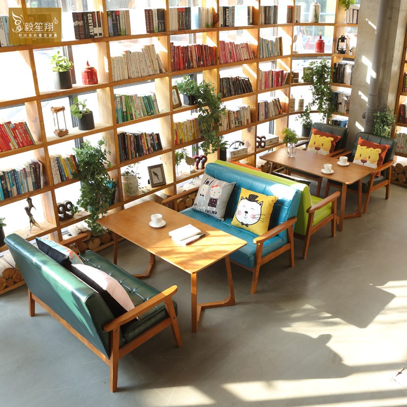 北欧咖啡厅皮沙发办公室洽谈简约休闲实木卡座甜品奶茶店桌椅组合