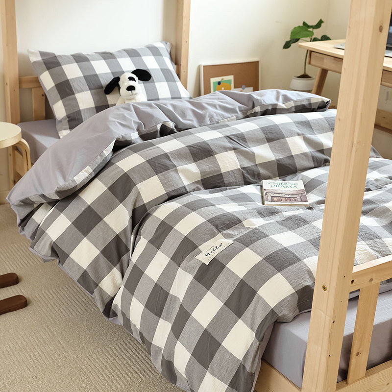宿舍专用床笠款三件套0.9m全棉格子男学生寝室1米2床垫被子一整套