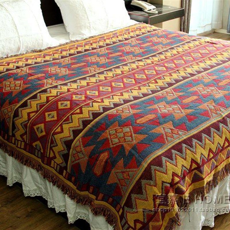 波西米亚毯子棉毯子空调毯毛巾毯盖巾盖毯彩色线毯沙发毯子复古风