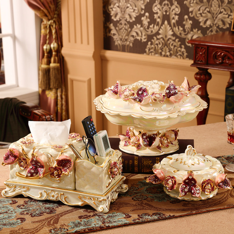 欧式果盘客厅茶几奢华高档水果盘三件套陶瓷干果盘糖果盒创意摆件