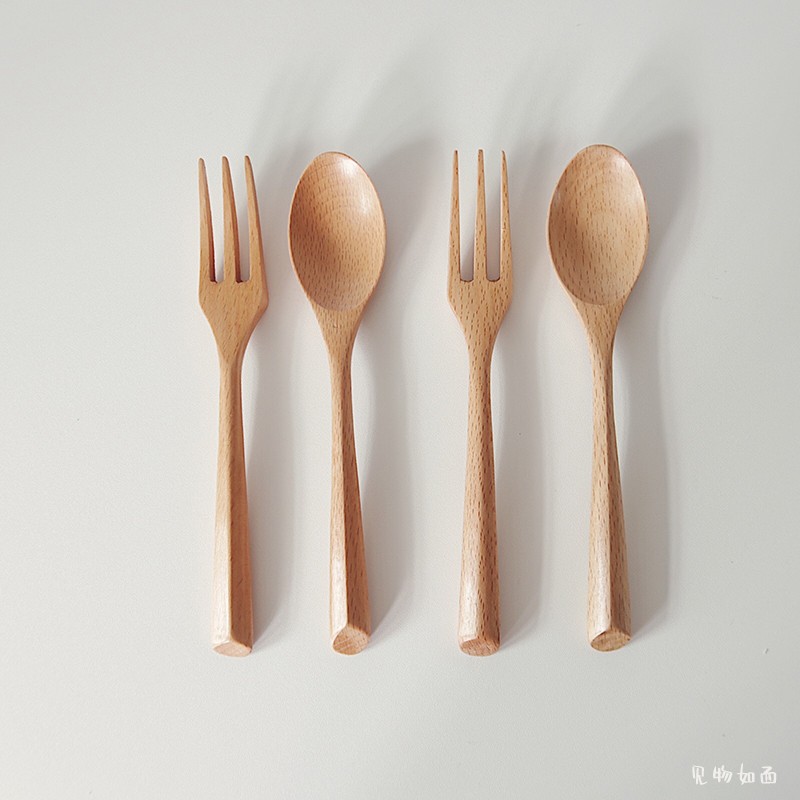 日式主食勺意面叉ins韩式调羹勺子三角柄木质勺叉筷餐具便携套装
