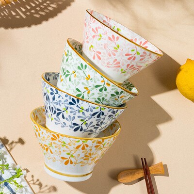 【四季繁花】四碗日式5英寸x斗笠碗家用陶瓷吃饭釉下彩米饭碗套装