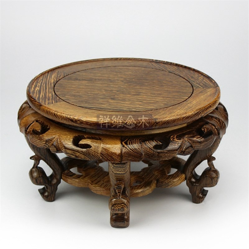 红木鸡翅木实木雕花瓶盆景鱼缸画缸瓷器底座花架中式圆形底座花几