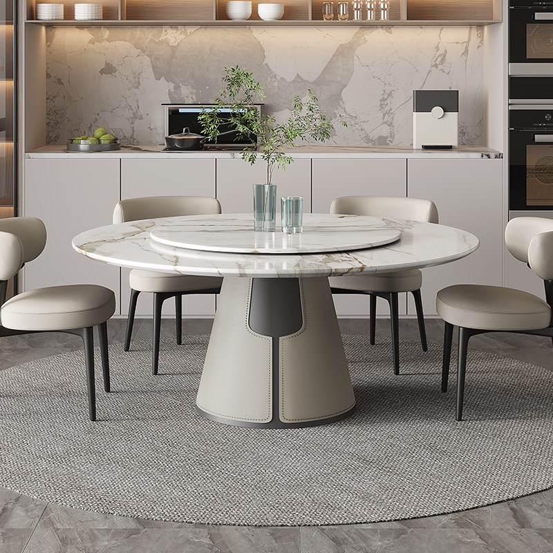 鱼肚金爵士白天然大理石圆形餐桌带转盘电动简约家用意式轻奢高端