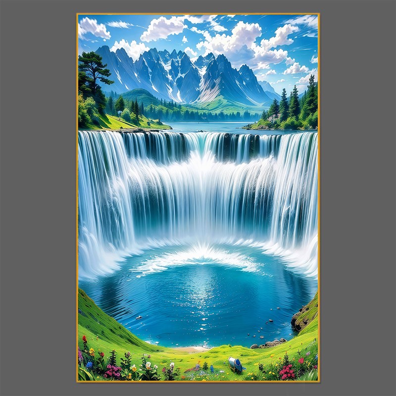 瀑布山水画图客厅玄关装饰画走廊过道平面晶瓷铝合金框画图片