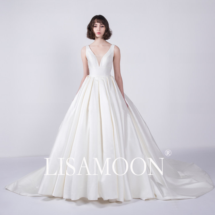 LISAMOON设计定制新款V领简约美背心赫本复古拖尾公主蓬绸缎婚纱