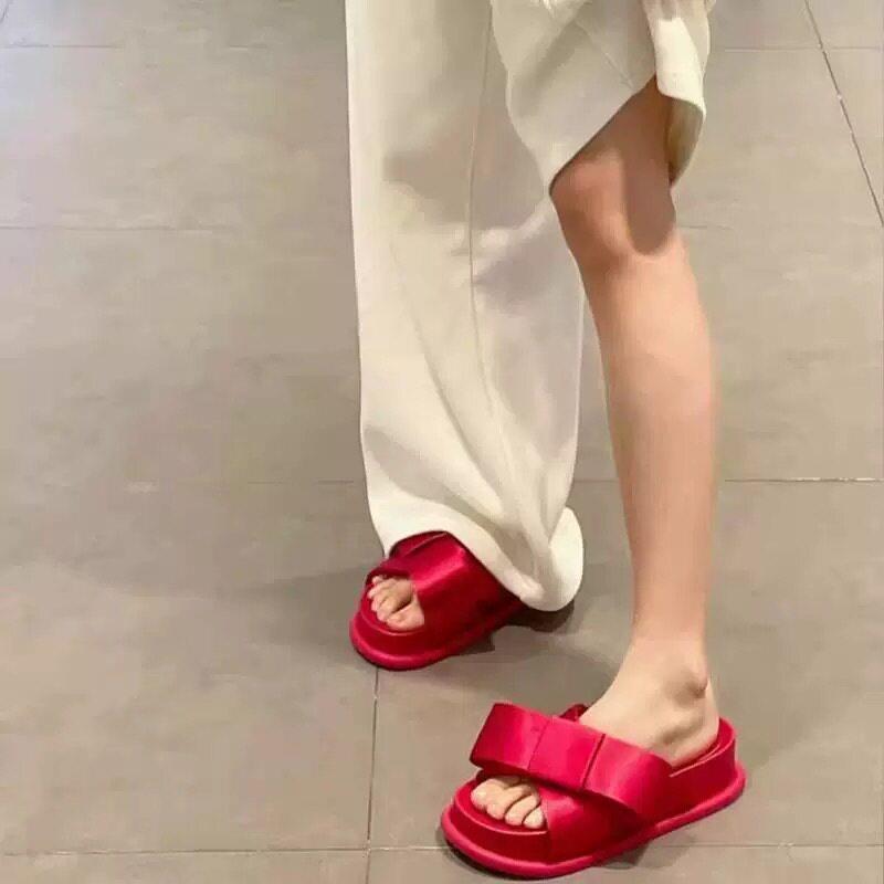 真皮法式大蝴蝶结小红鞋穿厚字底拖女外春夏UGO新款增高一凉鞋拖