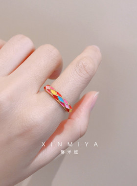 个性网红彩色滴釉戒指女简约v高级感不褪色开口指环2024新款食指
