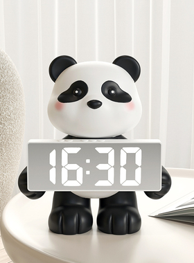 熊猫花花时钟摆件客厅卧室床头y柜数字静音小闹钟玄关桌面电子钟