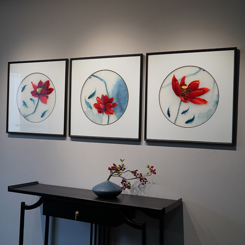 刺绣画成品客厅新电视沙发背景荷纯手工挂画装饰画