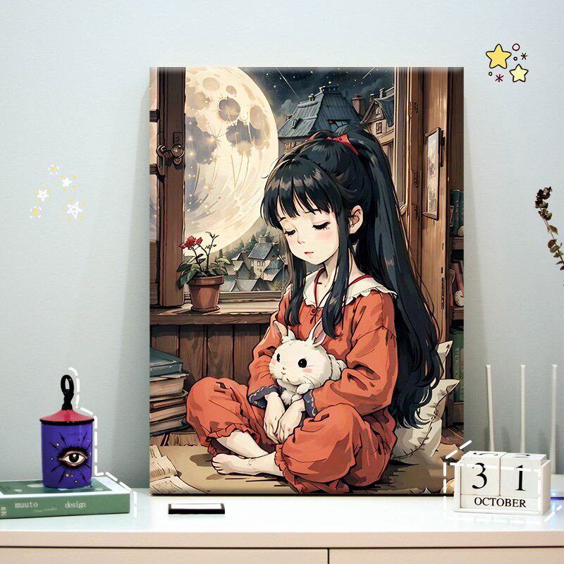 月亮下的女孩di丙烯画数字油画人物客厅装饰画装饰画相框填色画