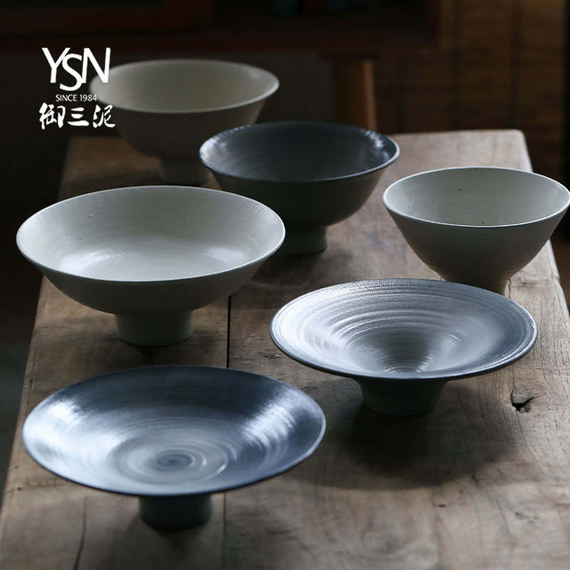 御泥复古田园风足饭碗餐具纯手工斑点白浅盘菜盘