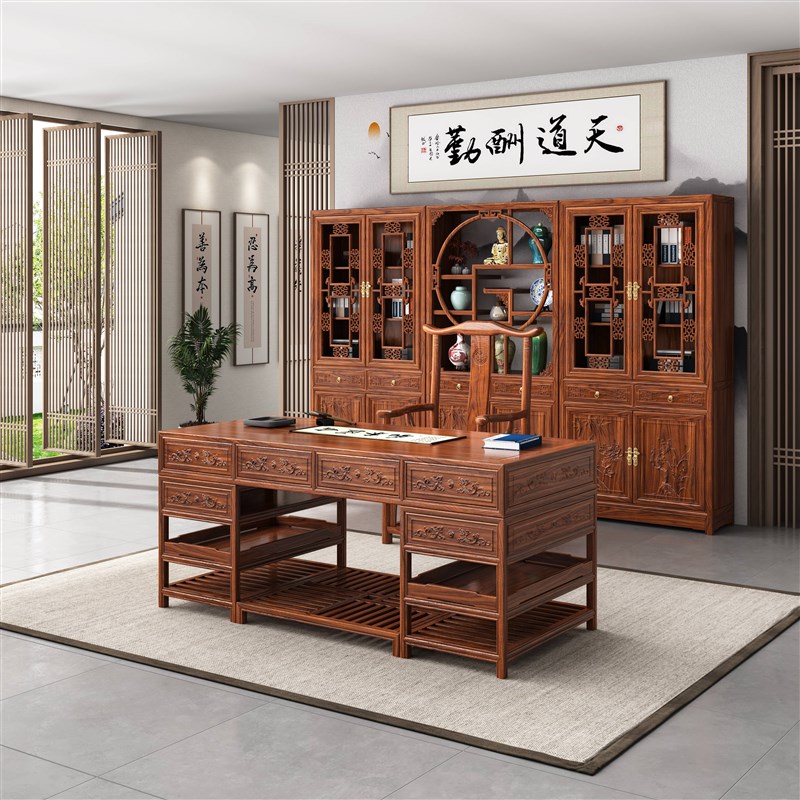中式实木带门书柜书架新款三组合榆木展示柜玻璃书房办公室用仿古