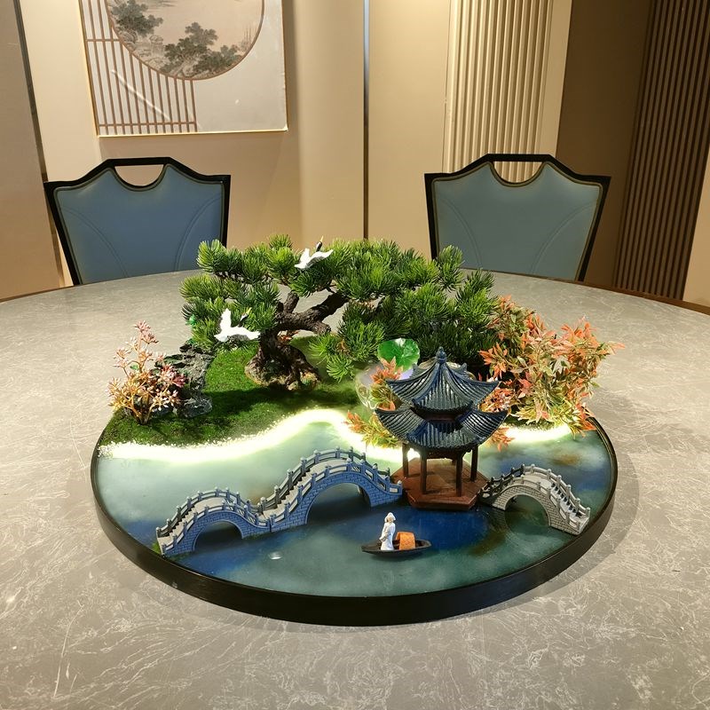 酒店饭店餐桌中间摆花喷雾化灯光转芯圆桌摆转盘装饰微缩盆景摆件