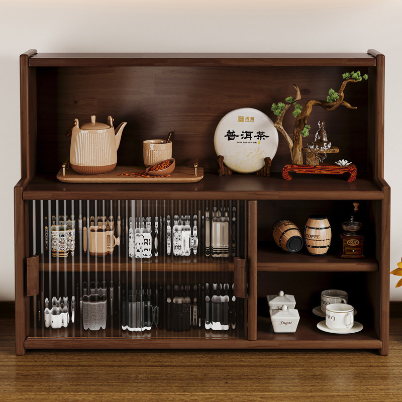 实木防尘杯架 餐桌层设计带柜门 松木加桃色餐边柜木制杯架