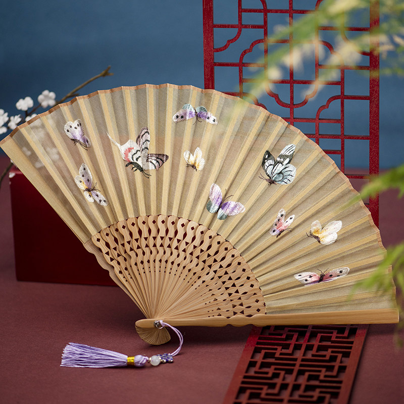 刺绣古风折扇汉服古装中女式真丝竹扇绣玉竹扇子