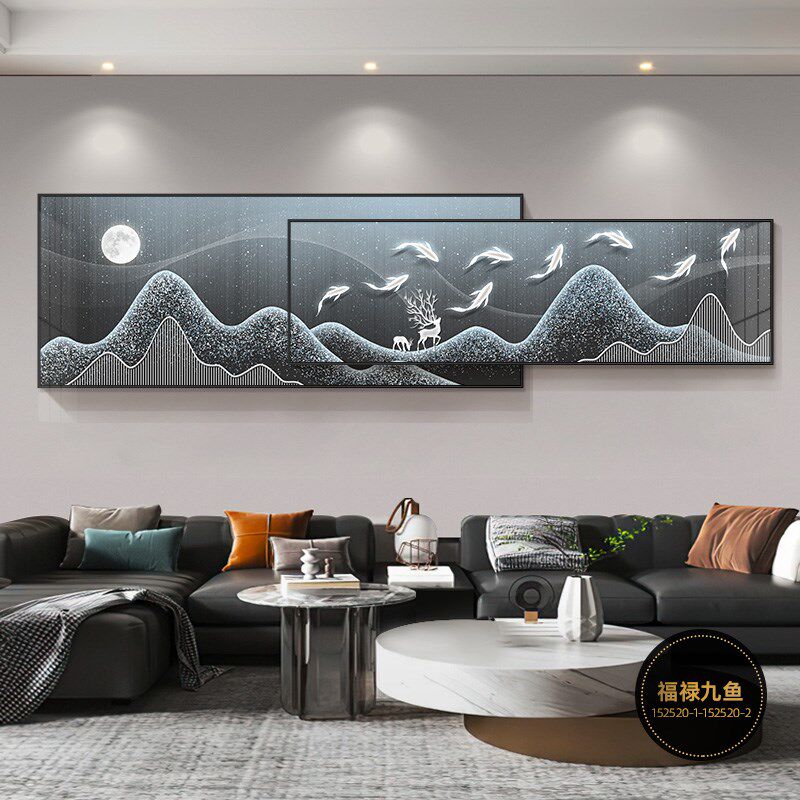 星空福鹿客厅装饰画横大幅叠加挂画现代蓝色沙发背景墙壁画