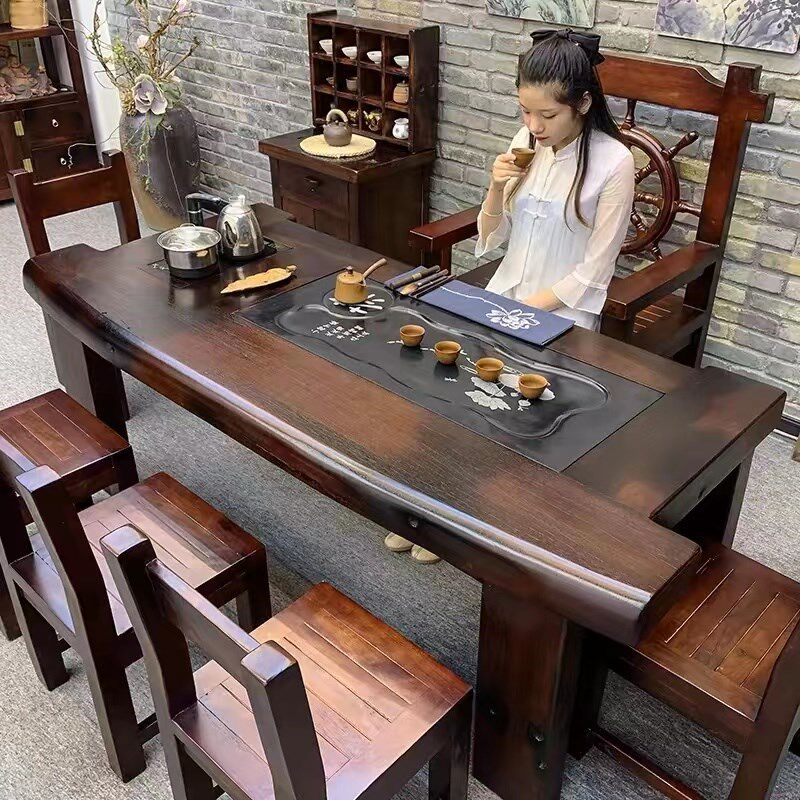 老船木茶桌椅组h合中式实木茶几泡茶台弧形石茶盘电磁炉茶具一体