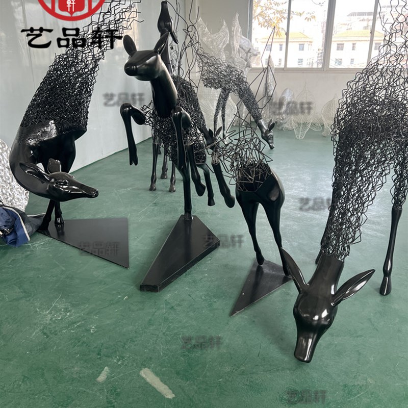 酒店大堂玻璃钢抽象镂空铁艺鹿雕塑E售楼处金属招财福鹿装饰品摆