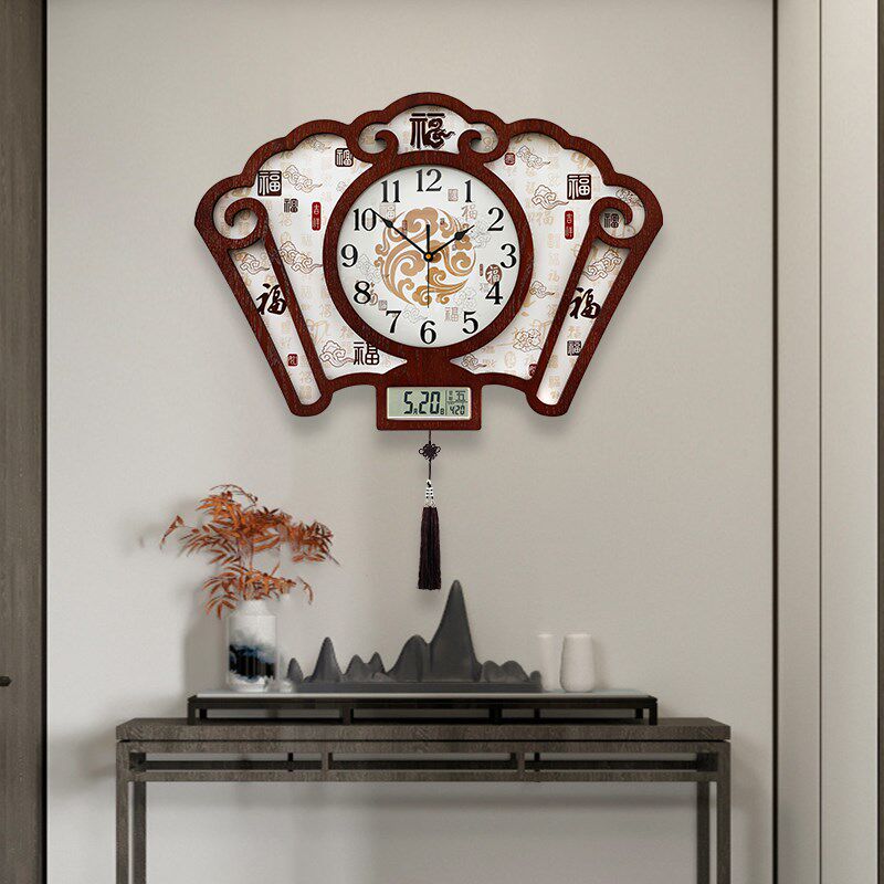 新中式客厅挂钟大号钟表家用时尚静音万年历挂表木质挂墙时钟
