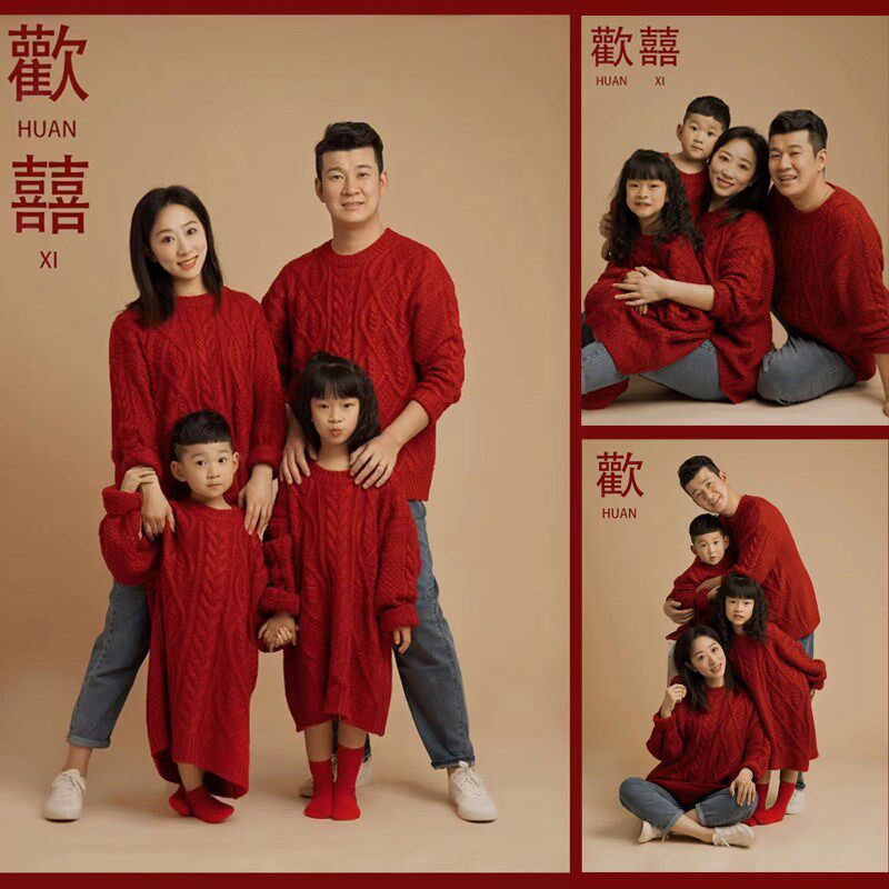 新款亲子装红色毛衣影楼拍照服装全家福新年M摄影男女主题白色麻