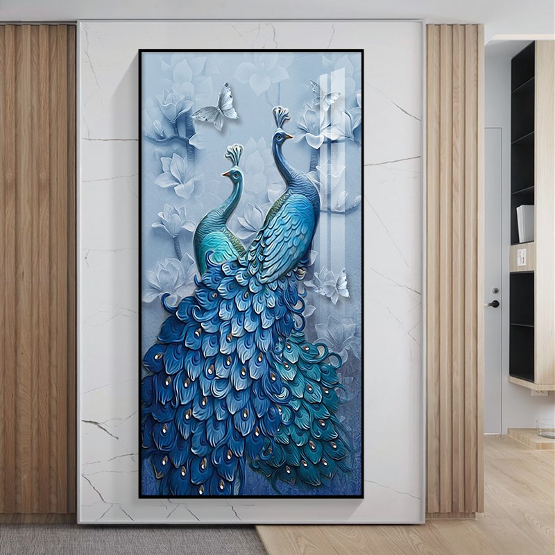 孔雀玄关装饰画简约风q现代过道走廊尽头壁画大气客厅竖版吉祥墙