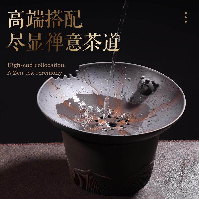复古紫陶荷韵建水茶渣缸大号茶盅水盂创意中式带盖过滤茶渣桶茶洗