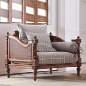 美式 乡村藤艺实木沙发客厅法式 雕花复古罗马柱原木做旧三人位沙发