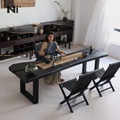 尼家侘寂风实木茶桌椅组合茶几客厅大板茶台办公室黑色工作台