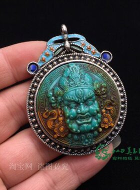 尼泊尔手工老银黄财神佛牌手工镶嵌绿松石银挂件男女款项链配饰