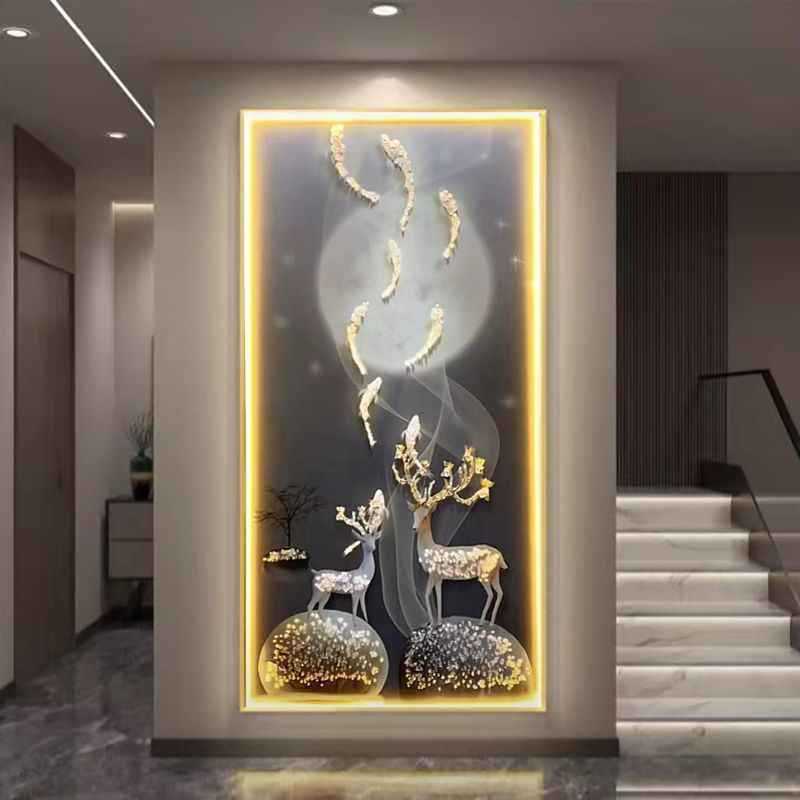 玄关带灯装饰画风景福字晶瓷镶钻LED灯发光客厅福鹿入户走廊挂画图片